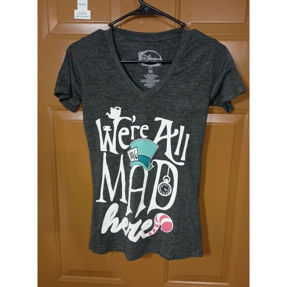 Disney Alice in Wonderland X-Small XS Black “We're All Mad Here” V-neck T-shirt - Picture 12 of 12